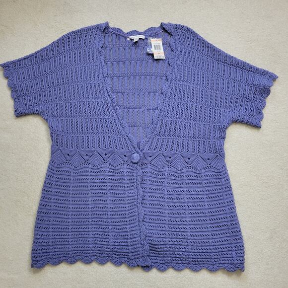 NWT JM Collection Woman 2X Short Sleeve Open Loose Knit Sweater1 Button V-Neck - Picture 1 of 9